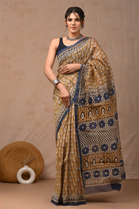 Beige & Multi Coloured Hand Block Printed Women Designer Party wear Chanderi Cotton Silk Saree with Runnin Blouse!!