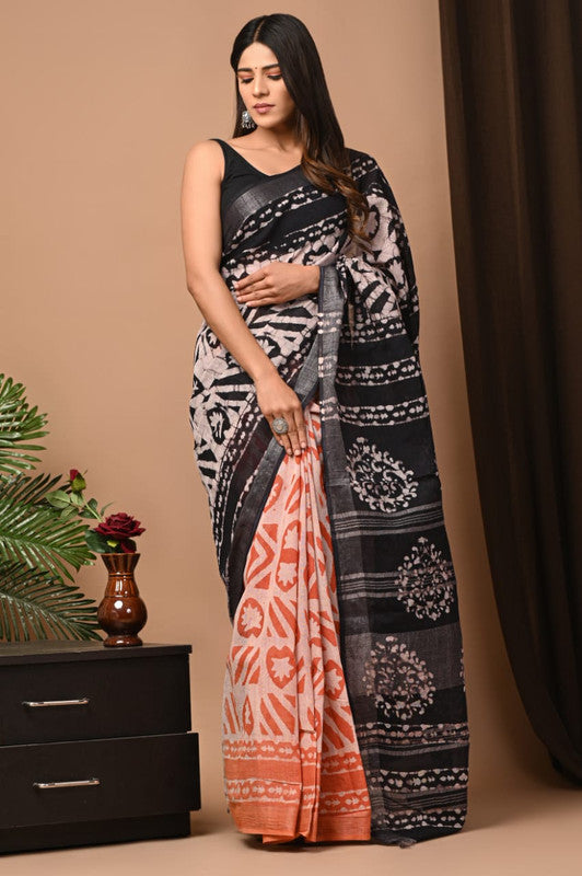 Black & Peach Coloured Exclusive Hand Block printed Women Daily/Party wear Linen Cotton Saree with Blouse!!