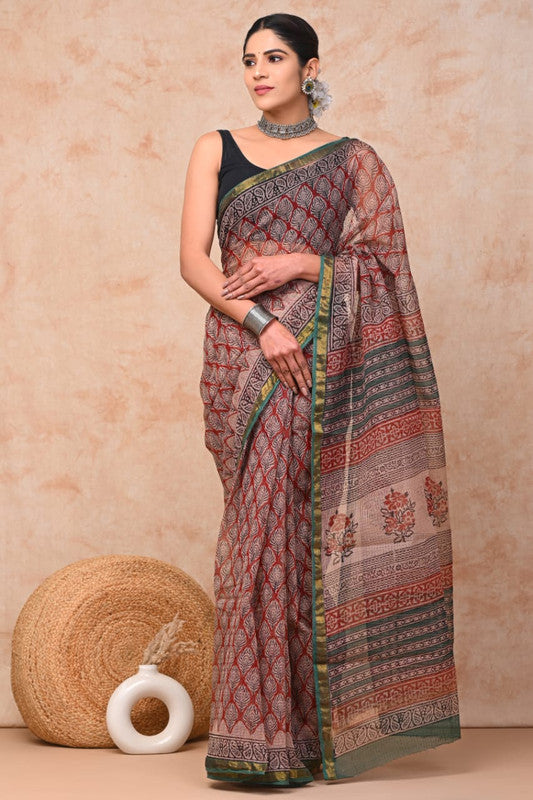 Maroon & Multi Coloured Hand Block Printed Women Designer Party wear Kota Doria Cotton Saree with Runnin Blouse!!