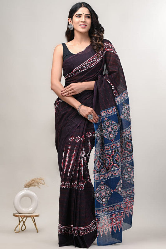 Chocolate Brown & Multi Coloured Beautiful Hand Block printed Women Daily/Party wear Pure Cotton Saree with Blouse!!