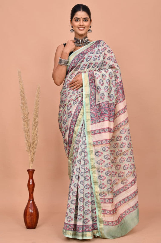 Peach & Multi Coloured Hand Block Printed Women Designer Party wear Maheshwari Cotton Silk Saree with Runnin Blouse!!