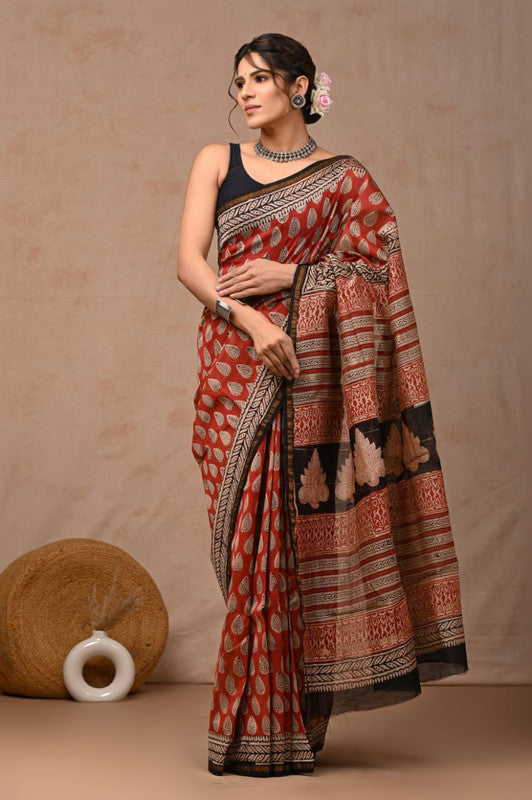 Red & Multi Coloured Hand Block Printed Women Designer Party wear Chanderi Cotton Silk Saree with Runnin Blouse!!