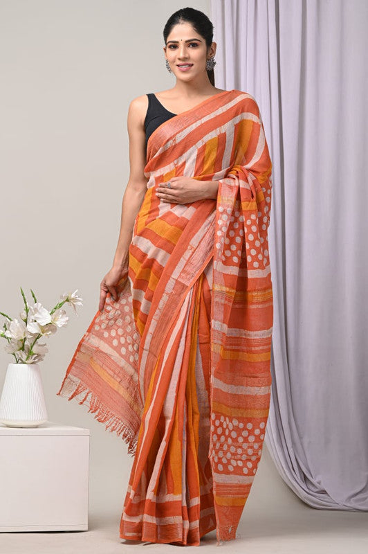 Orange & Multi Coloured Exclusive Hand Block printed Women Daily/Party wear Linen Cotton Saree with Blouse!!