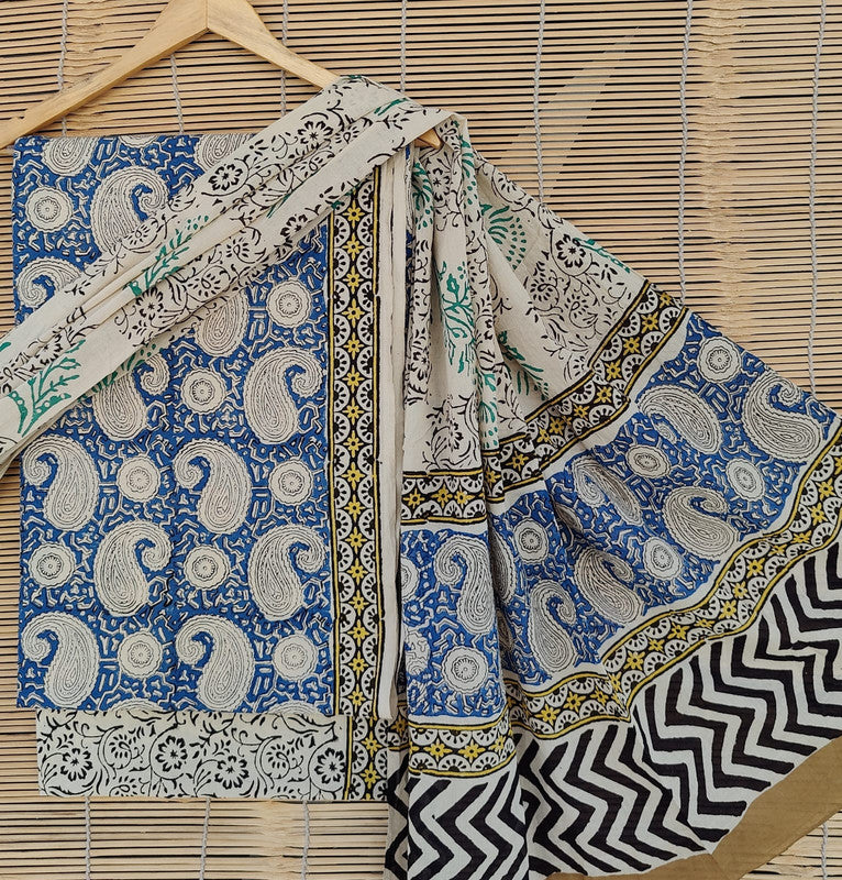 Blue & Beige Coloured Unstitched Pure Cotton Hand Block Printed Women Party/Daily wear Dress Material Suit- Top with Bottom & Cotton Dupatta!!