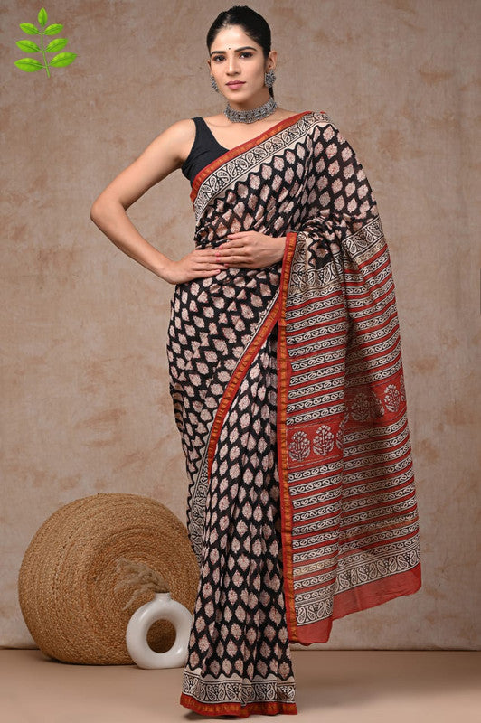 Black & Multi Coloured Hand Block Printed Women Designer Party wear Chanderi Cotton Silk Saree with Runnin Blouse!!