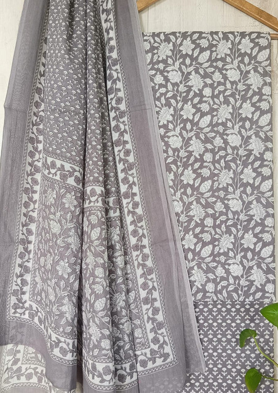 Grey & White Coloured Unstitched Pure Cotton Hand Block Printed Women Party/Daily wear Dress Material Suit- Top with Bottom & Cotton Dupatta!!