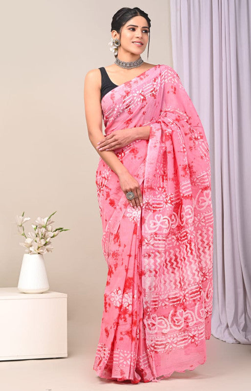 Pink & White Coloured Exclusive Hand Block printed Women Daily/Party wear Linen Cotton Saree with Blouse!!
