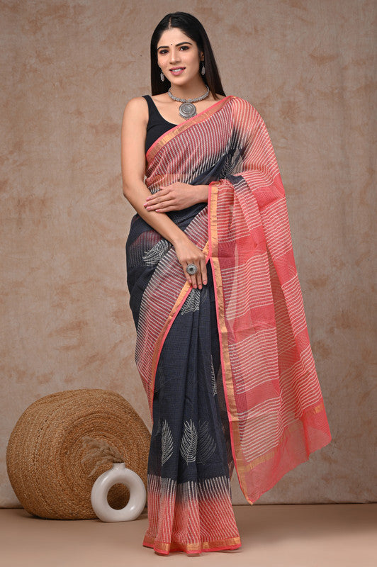 Navy Blue & Pink Coloured Hand Block Printed Women Designer Party wear Kota Doria Cotton Saree with Runnin Blouse!!