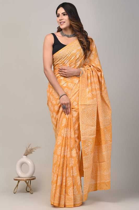 Light Orange & White Coloured Beautiful Hand Block printed Women Daily/Party wear Pure Cotton Saree with Blouse!!