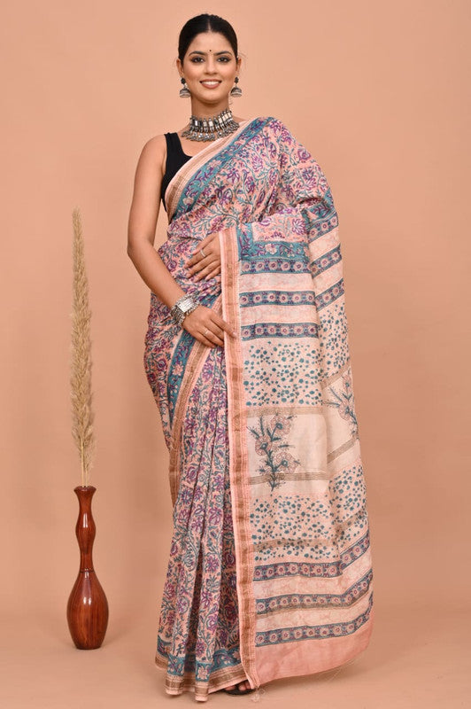 Peach & Multi Coloured Hand Block Printed Women Designer Party wear Maheshwari Cotton Silk Saree with Runnin Blouse!!