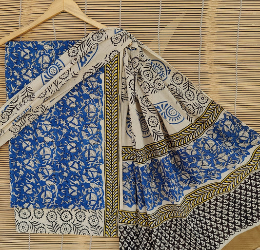 Blue & Beige Coloured Unstitched Pure Cotton Hand Block Printed Women Party/Daily wear Dress Material Suit- Top with Bottom & Cotton Dupatta!!