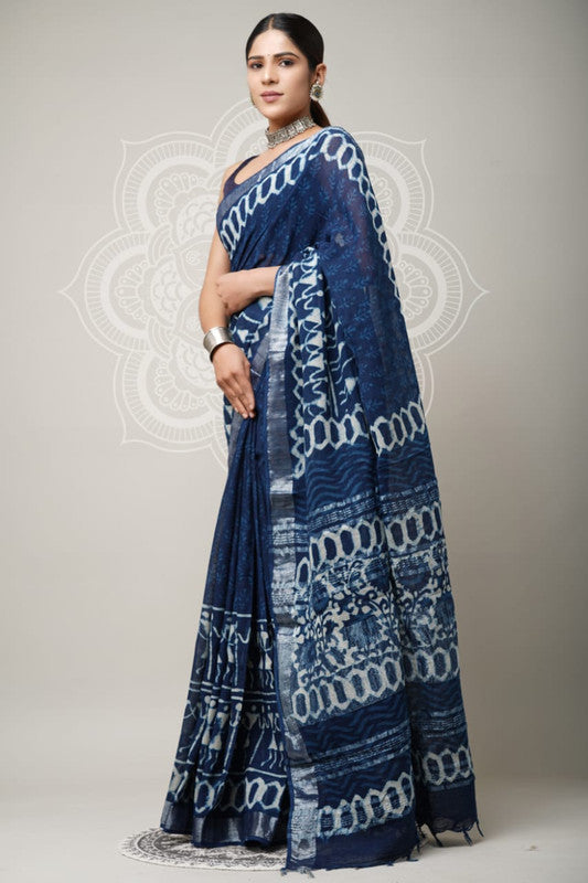 Blue & Multi Coloured Linen Cotton Beautiful Hand Block printed Women Daily/Party wear Saree with Blouse!!