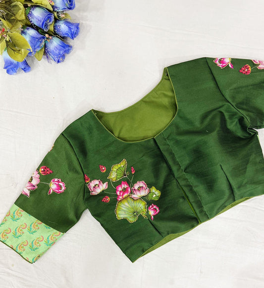 Dark Green Ready made Blouse - Pure Silk Handmade work Blouse!!