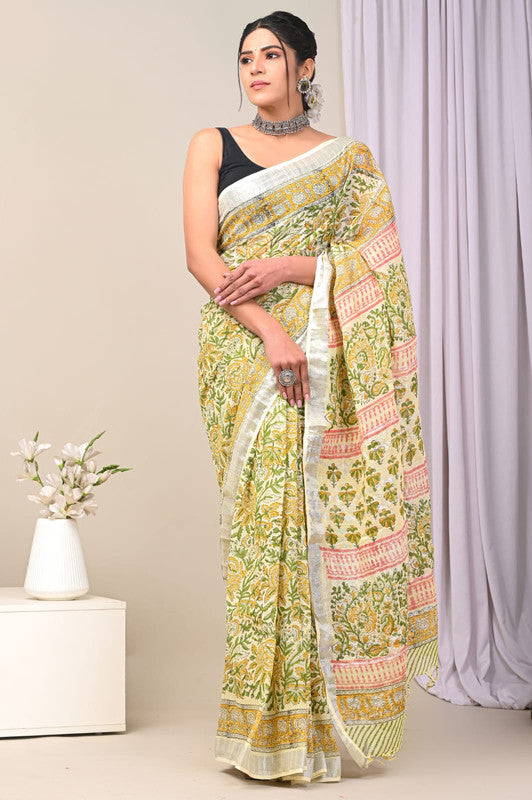 Light Green & Multi Coloured Linen Cotton Beautiful Hand Block printed Women Daily/Party wear Saree with Blouse!!