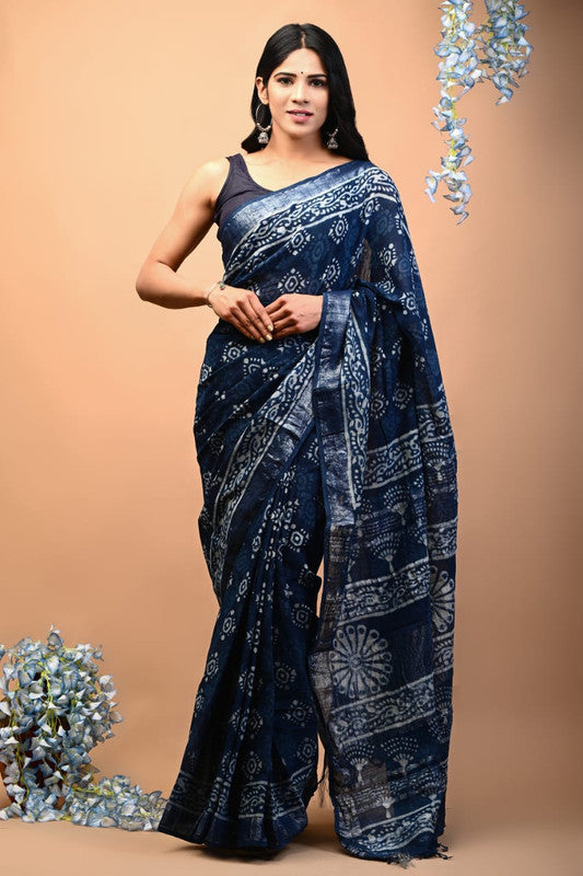 Blue & Off White Coloured Exclusive Hand Block printed Women Daily/Party wear Linen Cotton Saree with Blouse!!