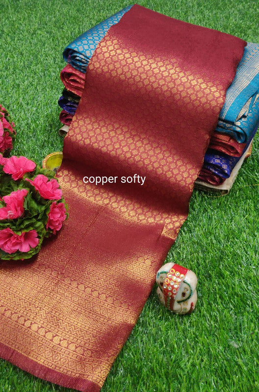 FABULOUS  SOFT SILK SAREE WITH COPPER JARI N CONTRAST BORDER N RICH GRAND PALLU