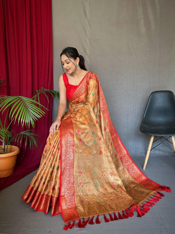 Orange & Multi Coloured Beautiful Meena Work with Elegant Jaal Women Party wear Pure Tissue Silk Saree with Blouse!!