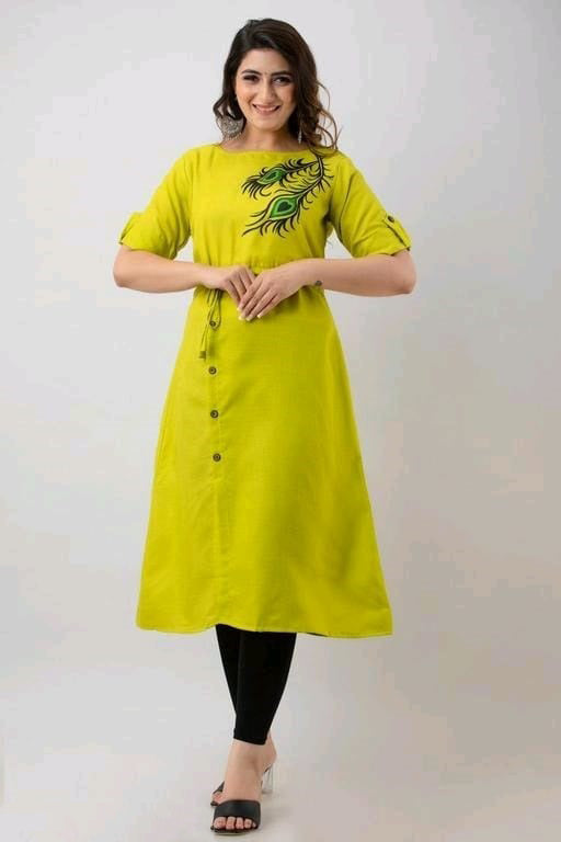 Parrot Green Coloured Premium Rayon Peacock feather Print Women Designer Daily wear Kurti with Belt!!