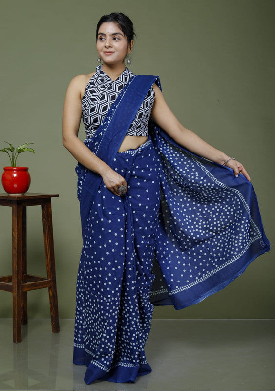 Blue & Multi Coloured Hand Printed Super dying Quality Mul Cotton Women Daily wear Saree with Blouse!!