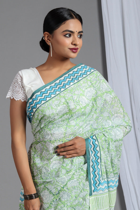 Light Green & Sky Blue Coloured Pure Cotton Beautiful Hand Block printed Women Daily/Party wear Saree with Blouse!!