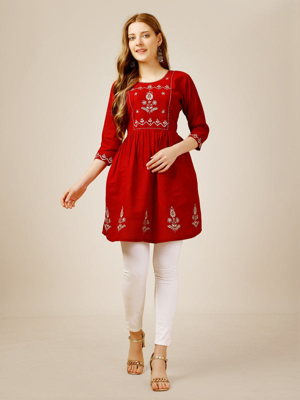 Red Coloured Premium Rayon with Embroidery & Sequence Work Round Neck 3/4 Sleeves work Women Party/Daily wear Western Top!!