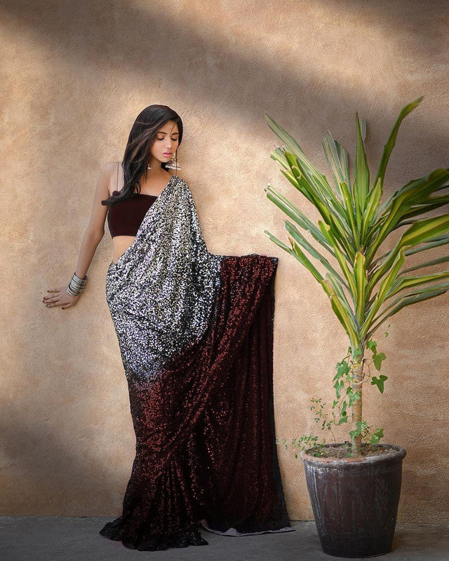 Maroon Coloured Premium Georgette with Sequence Embroidery Work Women Party wear Designer Georgette Saree with Blouse!!