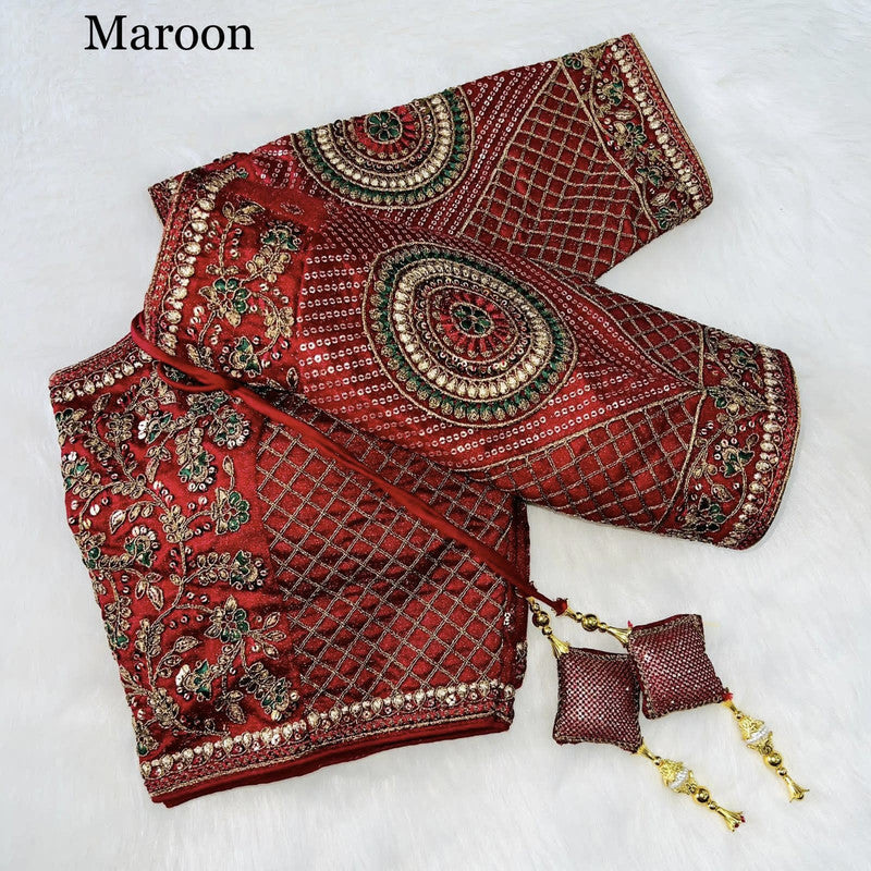 Maroon Coloured Copper Jari Heavy Embroidery Milan Silk Wedding Bridal designer Ready made Blouse!!