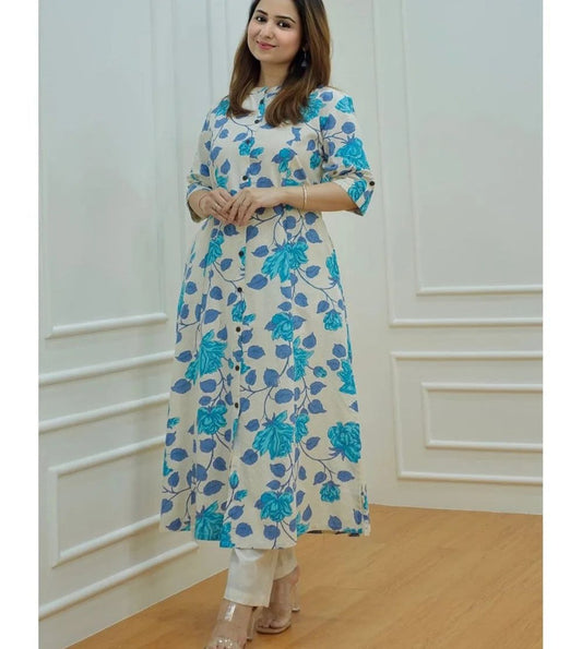 Blue & Off White Coloured Premium Rayon Floral Printed Round Neck 3/4 Sleeves Women Designer Party wear Kurti with Pant!!