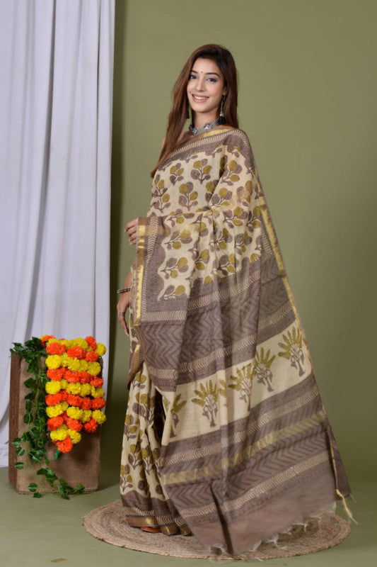 Natural Hand Block Printed Ajrakh Chanderi Cotton Silk Saree!!