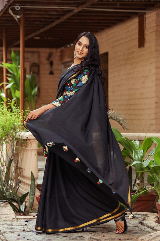 Navy Blue Coloured Pure Cotton with Beautiful Jari Border Women Party/Daily wear Designer Cotton Saree with Blouse!!