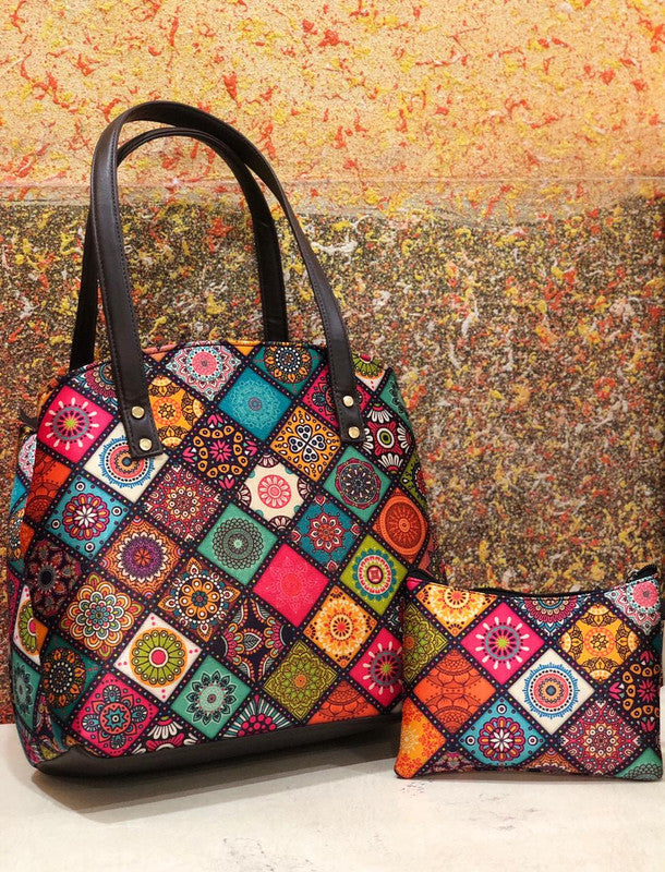 Multi Coloured Beautiful Ikkat Printed Triple Partition Hand Bag & Kit Pouch 2Pcs Combo( 2 Bags)!!