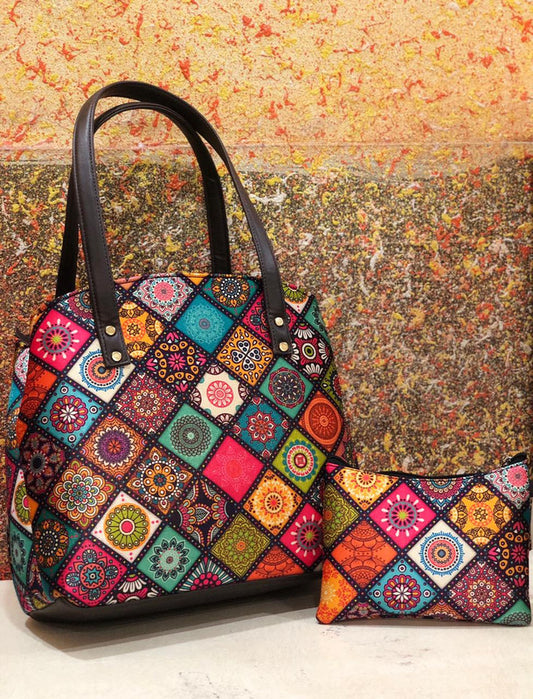 Multi Coloured Beautiful Ikkat Printed Triple Partition Hand Bag & Kit Pouch 2Pcs Combo( 2 Bags)!!