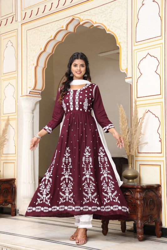 Wine Rayon Chickankari Anarkali Kurti with Bottom & Dupatta!!