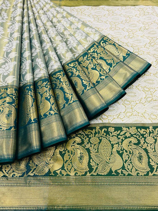 Pista Green & Green Coloured Banarasi Handloom Pattu Heavy Multi Zari Women Party wear Designer Tissue Silk Saree with Blouse!!