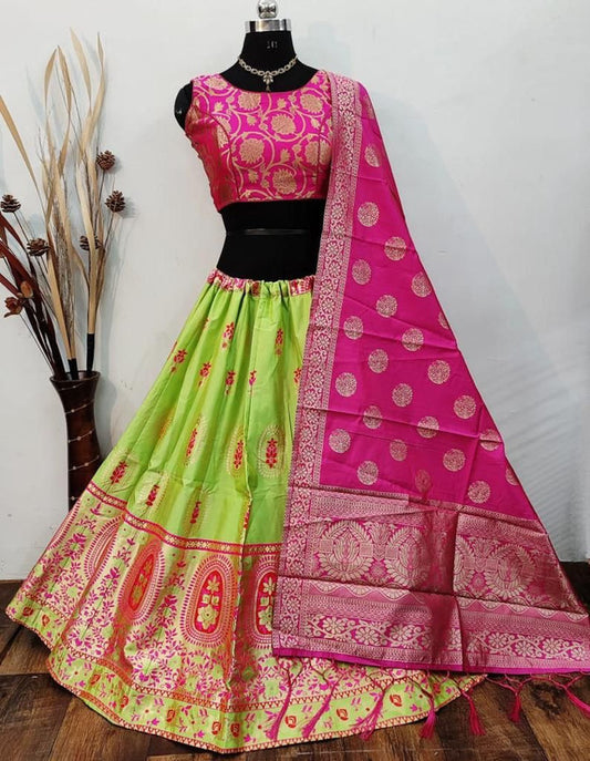 Parrot Green & Pink Coloured Designer Banarasi Lehenga Choli with Dupatta!!