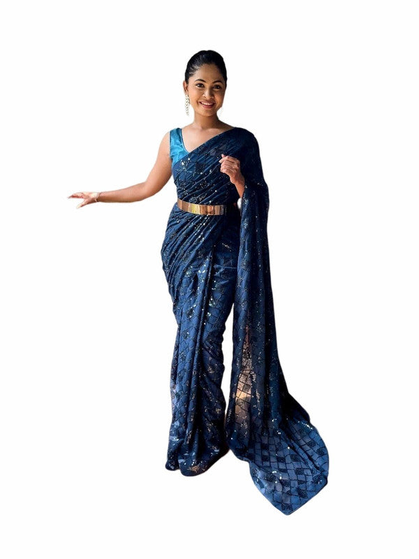Navy Blue Coloured Premium Georgette with Sequence work lace Border with Piping Women Party wear Fancy Ready to wear Saree with Blouse!!