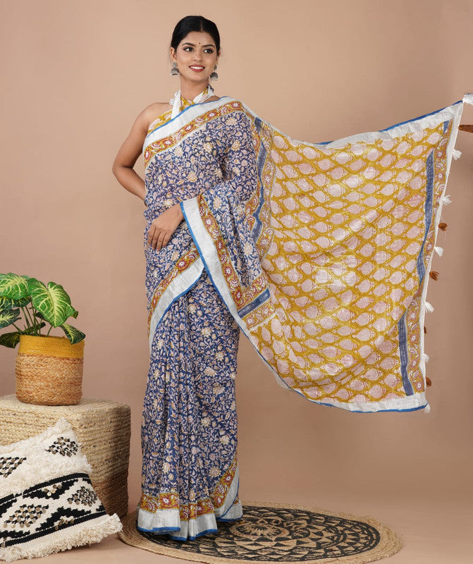 LINEN COTTON HAND PRINTED  SAREE WITH TAUSSAL