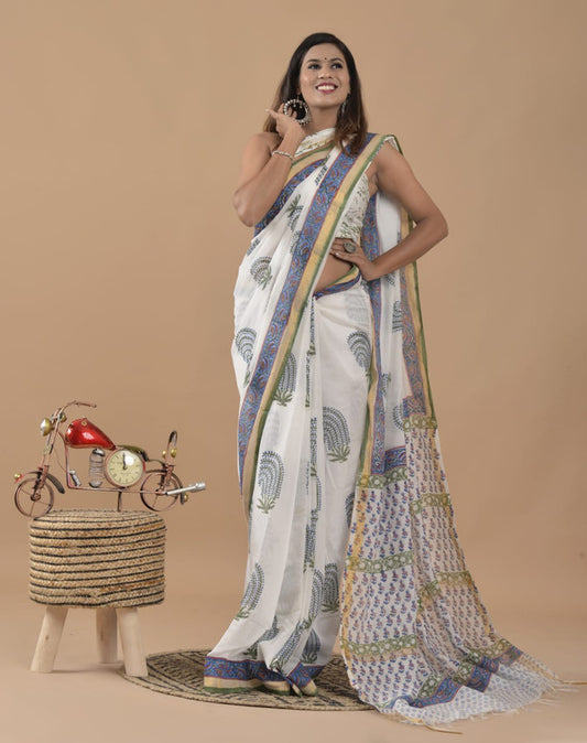 CHANDERI MIX COTTON BLOCK PRINTED SAREE