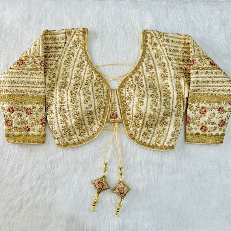 Cream Coloured Heavy Milan Silk Long Sleeves Heavy Embroidery Bridal Work Woman Ready made Designer Blouse!!