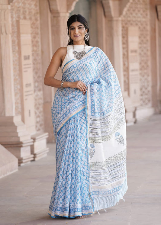 CHANDERI BLOCK PRINTED COTTON SAREE