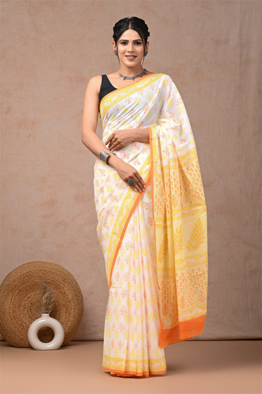 White & Yellow Coloured Hand Block Bagru, Dabu & Batik Dye Print Women Designer Party wear Pure Cotton Saree with Runnin Blouse!!