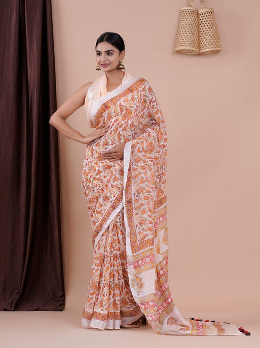 BEAUTIFUL LINEN HAND BLOCK PRINT SAREE