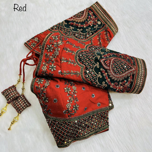 Red Coloured Milan Silk Copper Jari With 4 Sequence Heavy Embroidery Work Ready Made Wedding Blouse!!