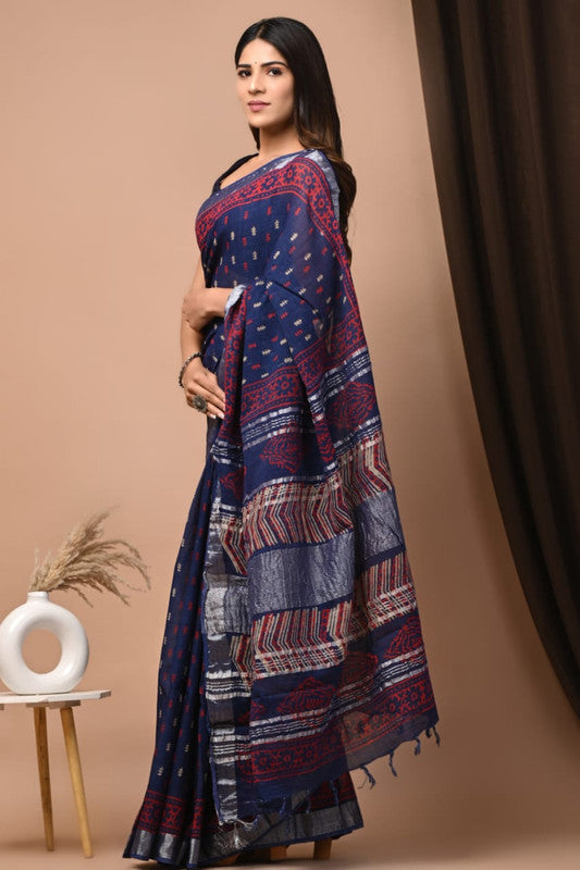 Blue & Multi Coloured Linen Cotton Beautiful Hand Block printed Women Daily/Party wear Saree with Blouse!!