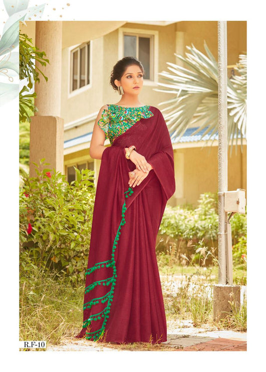 Maroon Coloured Jute Linen Cotton Saree with Pompom Border!!