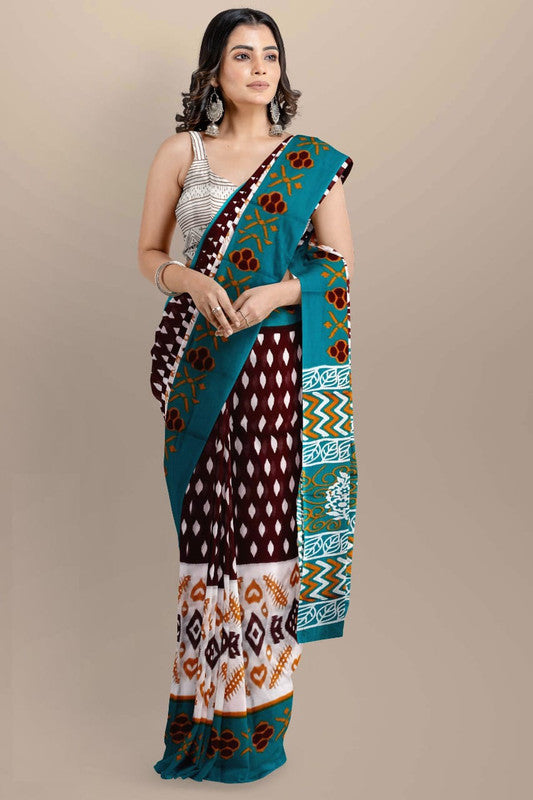 Brown & Multi Coloured Premium Mul Mul Cotton Beautiful Hand Block printed Women Daily/Party wear Saree with Blouse!!