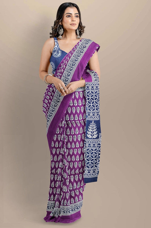 Purple & Multi Coloured Premium Mul Mul Cotton Beautiful Hand Block printed Women Daily/Party wear Saree with Blouse!!