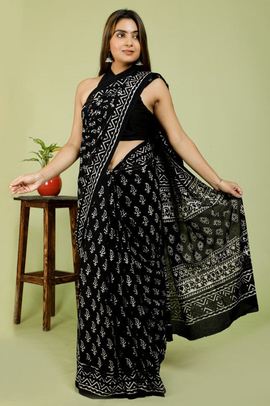 BEAUTIFUL BLACK HAND PRINTED MUL COTTON SAREE!!