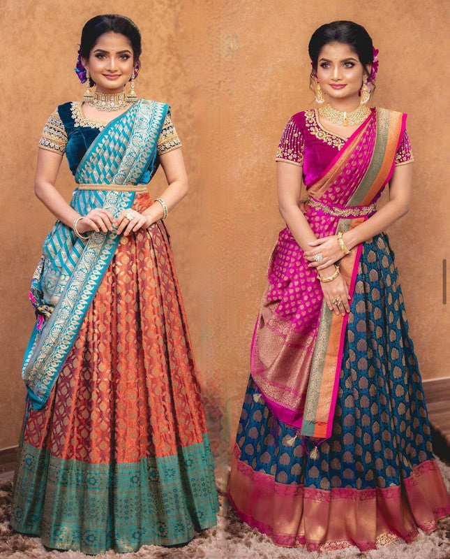 Orange & Multi Coloured Premium Kanjiveram Silk with Pure Zari Woman Designer Party wear Half Saree Set!!