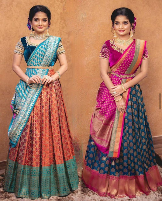 Orange & Multi Coloured Premium Kanjiveram Silk with Pure Zari Woman Designer Party wear Half Saree Set!!